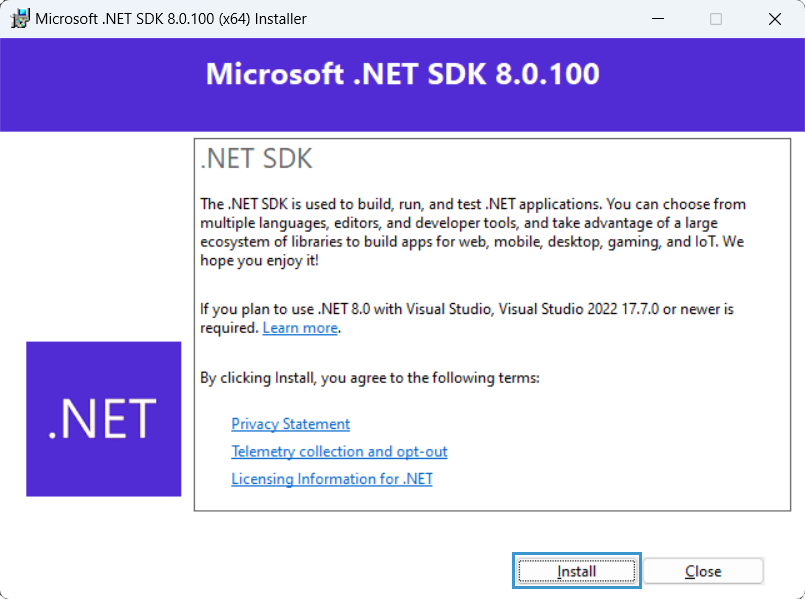 Installation of .NET SDK