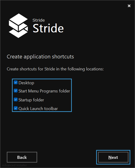 Create application shortcuts window