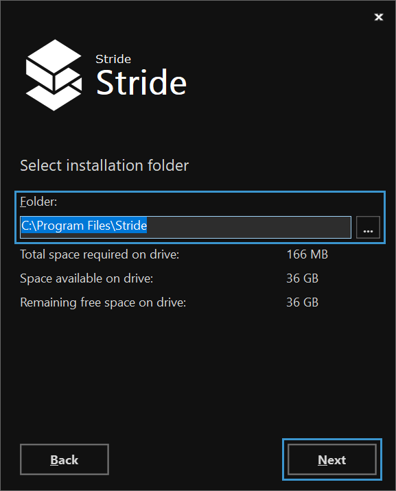 Select installation folder window